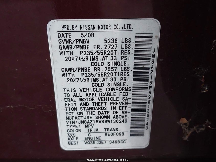2009 Nissan Murano Le VIN: JN8AZ18W89W136240 Lot: 44112773
