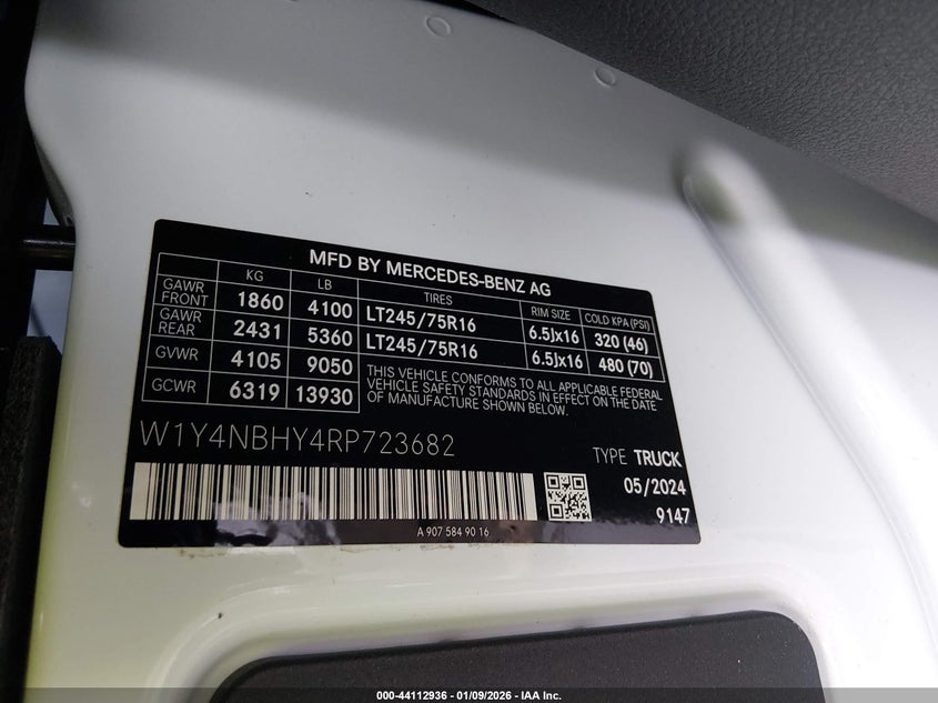2024 Mercedes-Benz Sprinter 2500 Standard Roof 4-Cyl Diesel Ho VIN: W1Y4NBHY4RP723682 Lot: 44112936