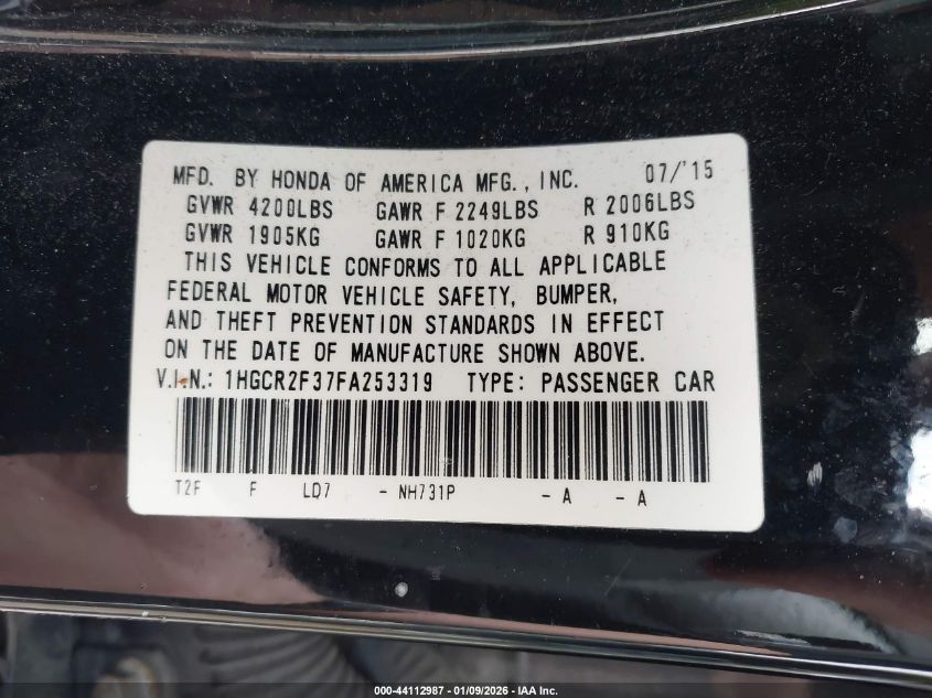 2015 Honda Accord Lx VIN: 1HGCR2F37FA253319 Lot: 44112987