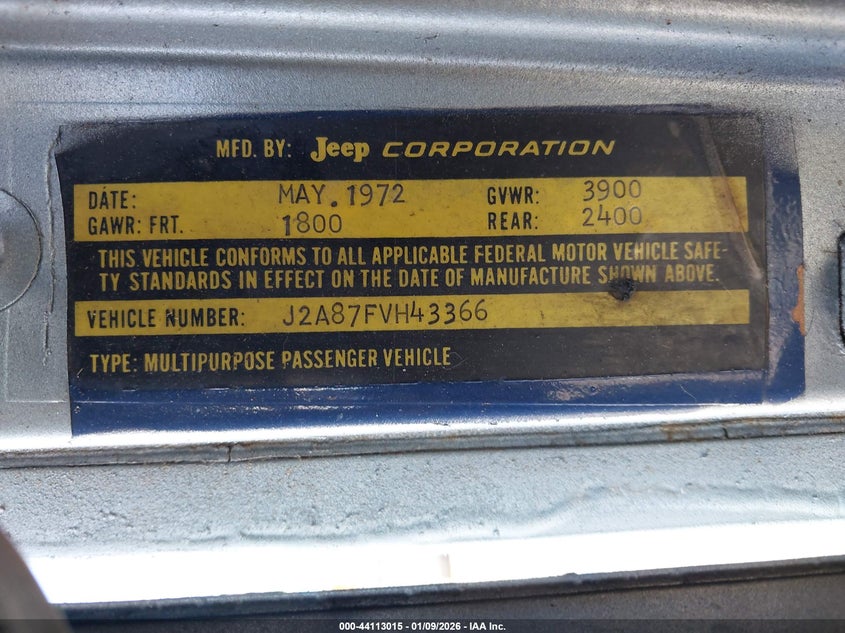 1972 Jeep Commando VIN: J2A87FVH43366 Lot: 44113015