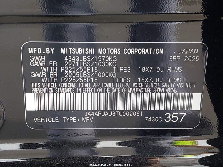 2026 Mitsubishi Outlander Sport 2.0 Es/2.0 Le/2.0 Ralliart/2.0 S/2.0 Se/2.0 Trail Edition VIN: JA4ARUAU3TU002061 Lot: 44114047