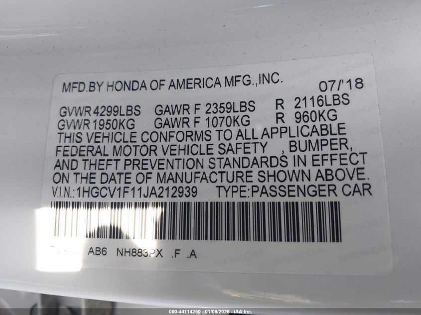 VIN 1HGCV1F11JA212939 2018 HONDA ACCORD LX