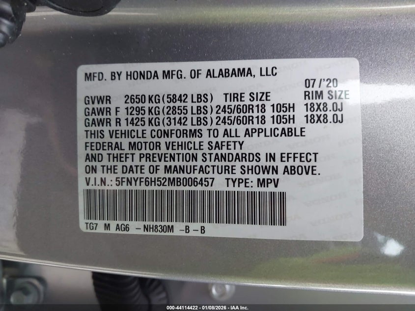 VIN 5FNYF6H52MB006457 2021 HONDA PILOT AWD EX-L