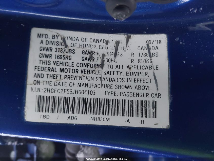 2018 Honda Civic Lx VIN: 2HGFC2F56JH604103 Lot: 44114726