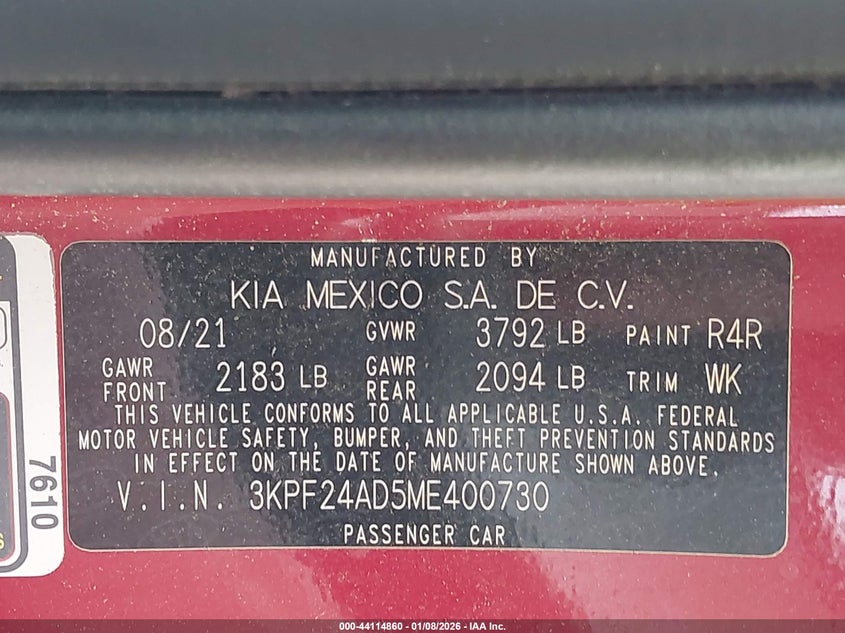 2021 KIA FORTE 2.0L I-4 DOHC, VVT, (VIN: 3KPF24AD5ME400730
