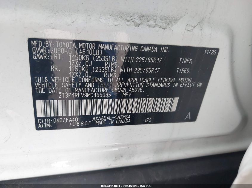 2021 Toyota Rav4 Xle VIN: 2T3P1RFV9MC166085 Lot: 44114881