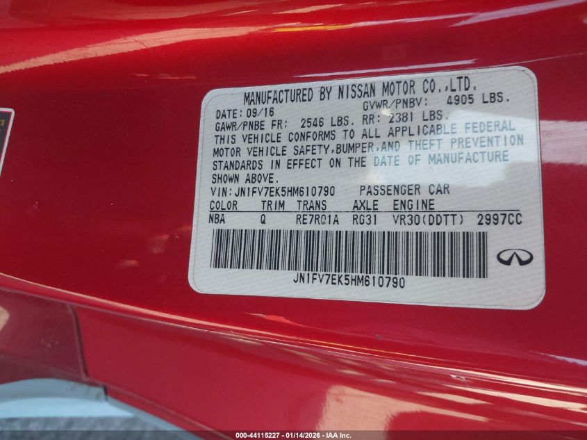 2017 Infiniti Q60 3.0T Red Sport 400 VIN: JN1FV7EK5HM610790 Lot: 44115227