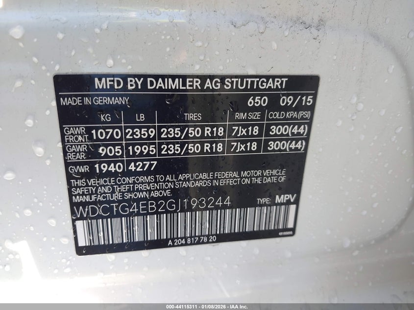 2016 Mercedes-Benz Gla 250 VIN: WDCTG4EB2GJ193244 Lot: 44115311