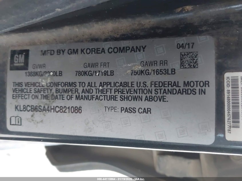 2017 Chevrolet Spark Ls Cvt VIN: KL8CB6SA4HC821086 Lot: 44115964