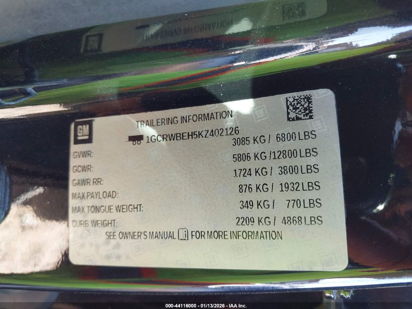 2019 Chevrolet Silverado 1500 Custom VIN: 1GCRWBEH5KZ402126 Lot: 44116000