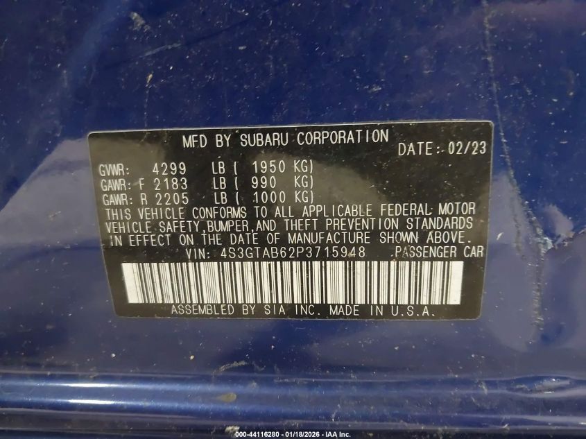 2023 Subaru Impreza Base 5-Door VIN: 4S3GTAB62P3715948 Lot: 44116280