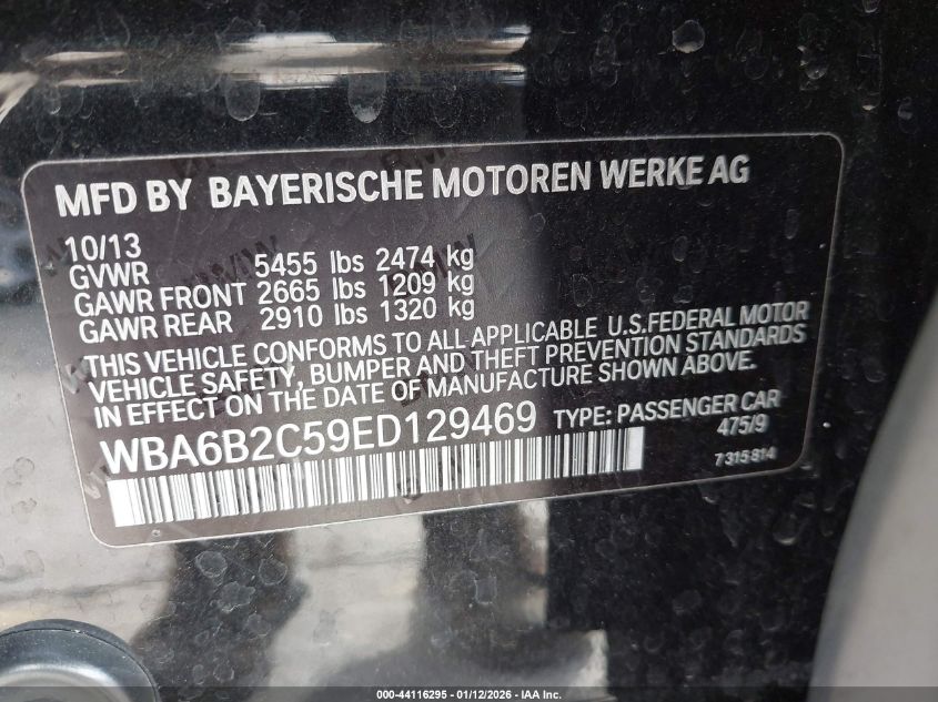 2014 BMW 650I Gran Coupe VIN: WBA6B2C59ED129469 Lot: 44116295