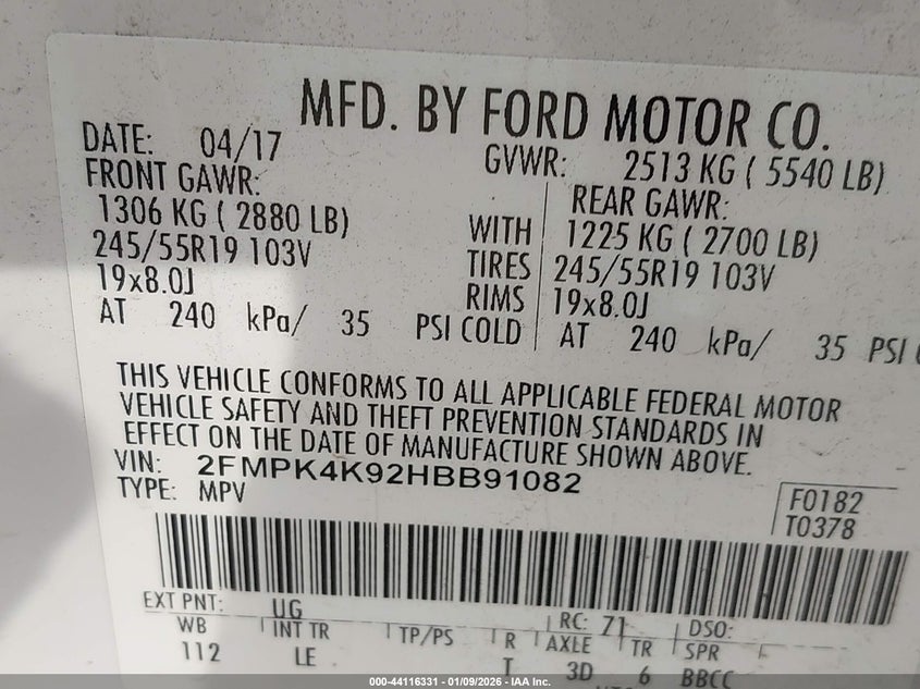VIN 2FMPK4K92HBB91082 2017 FORD EDGE TITANIUM