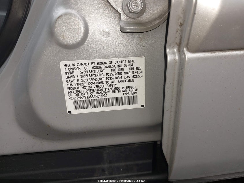 2004 Honda Pilot Ex-L VIN: 2HKYF18584H613239 Lot: 44116835