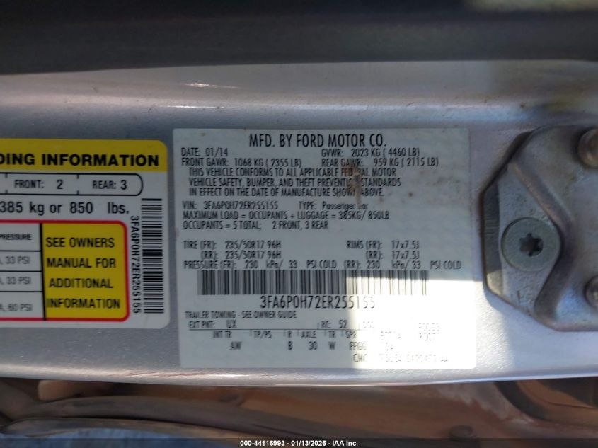 2014 Ford Fusion Se VIN: 3FA6P0H72ER255155 Lot: 44116993