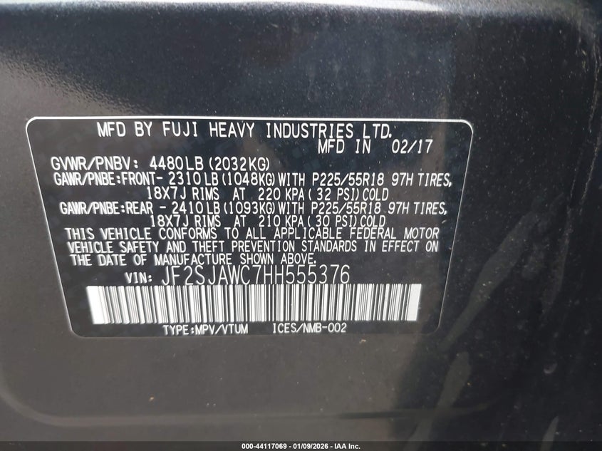2017 Subaru Forester 2.5I Touring VIN: JF2SJAWC7HH555376 Lot: 44117069
