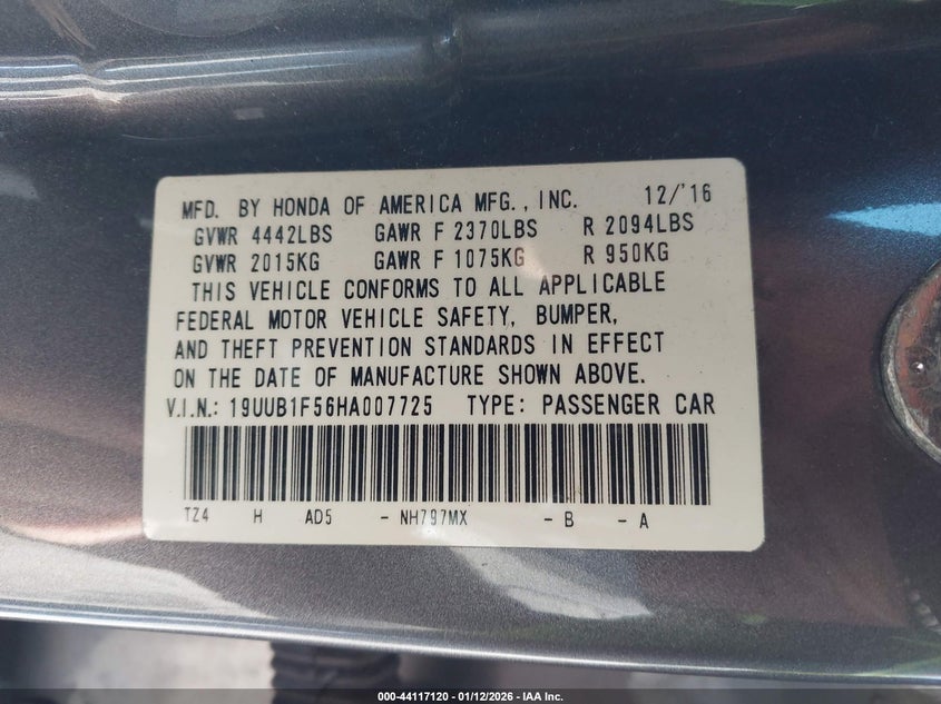 2017 Acura Tlx Technology Package VIN: 19UUB1F56HA007725 Lot: 44117120