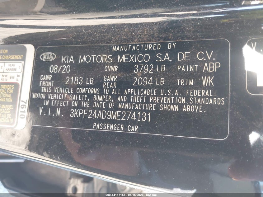 VIN 3KPF24AD9ME274131 2021 KIA FORTE LXS