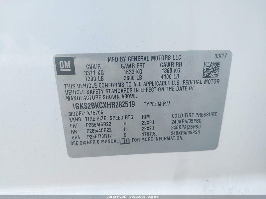 2017 GMC Yukon Slt VIN: 1GKS2BKCXHR282519 Lot: 44117207