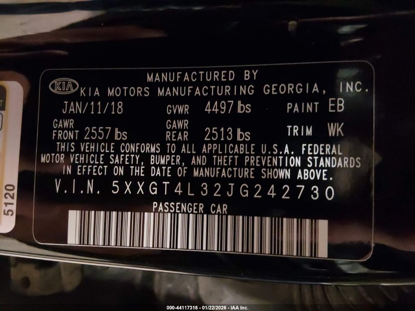 2018 Kia Optima Lx VIN: 5XXGT4L32JG242730 Lot: 44117316