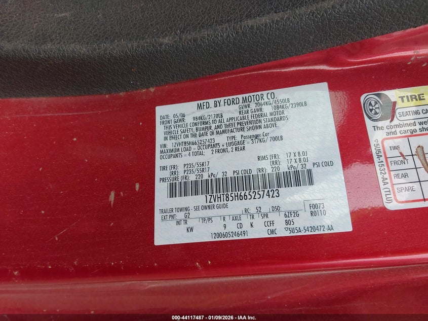 2006 Ford Mustang Gt VIN: 1ZVHT85H665257423 Lot: 44117487