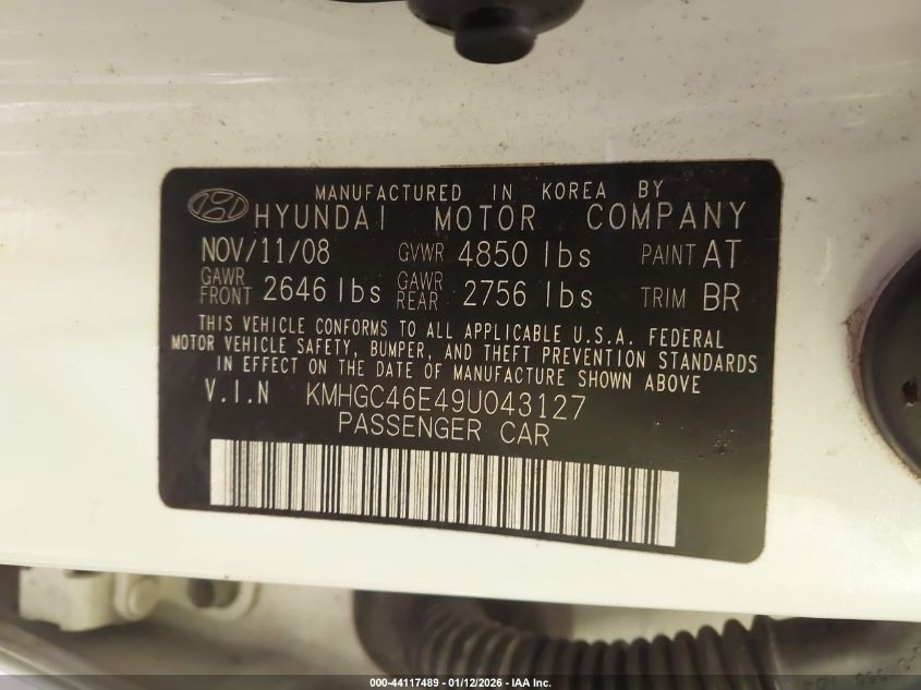 2009 Hyundai Genesis 3.8 VIN: KMHGC46E49U043127 Lot: 44117489