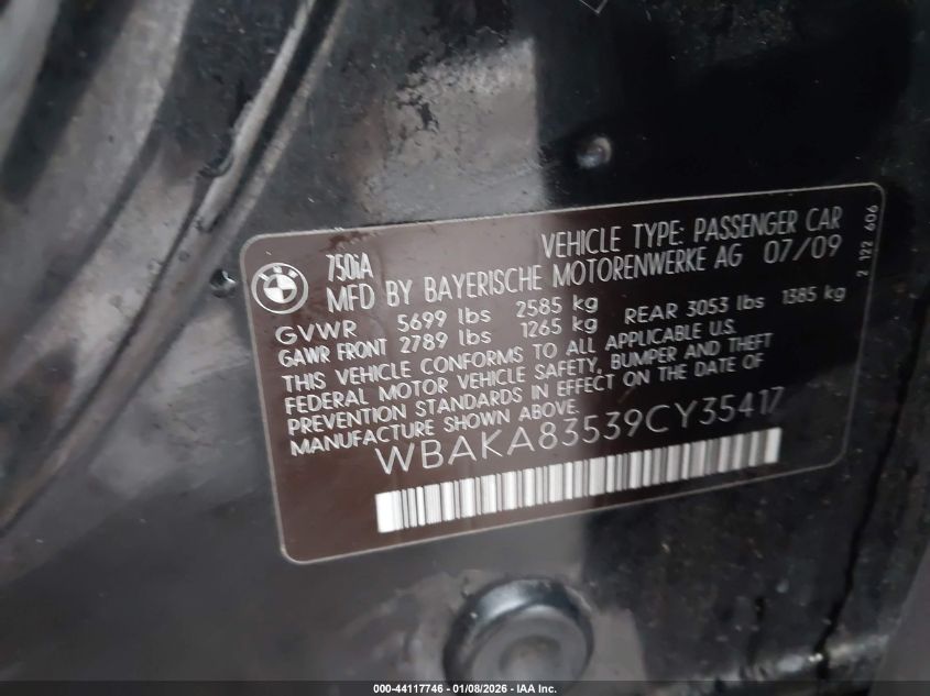 2009 BMW 750I VIN: WBAKA83539CY35417 Lot: 44117746