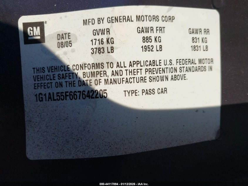 2006 Chevrolet Cobalt Lt VIN: 1G1AL55F667642205 Lot: 44117894