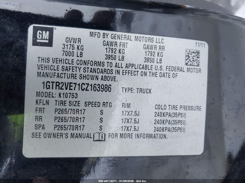 2012 GMC Sierra 1500 Sle VIN: 1GTR2VE71CZ163986 Lot: 44118371