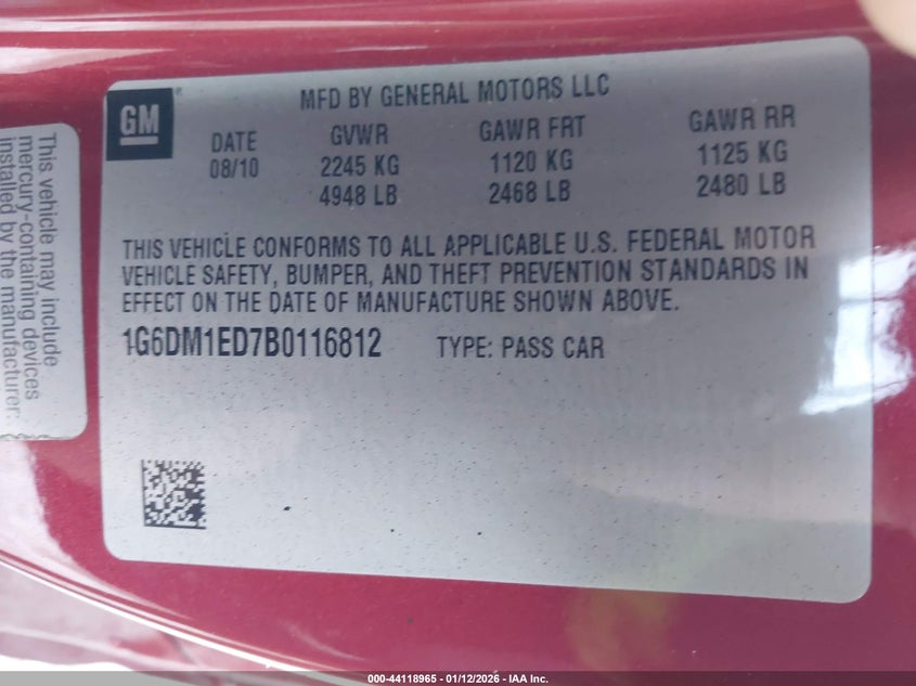 2011 Cadillac Cts Performance VIN: 1G6DM1ED7B0116812 Lot: 44118965