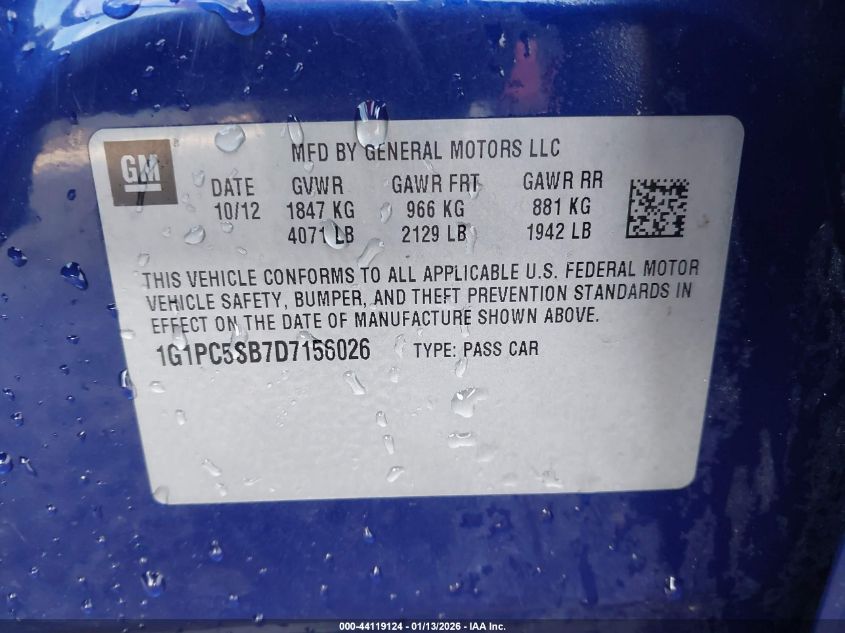 2013 Chevrolet Cruze 1Lt Auto VIN: 1G1PC5SB7D7156026 Lot: 44119124