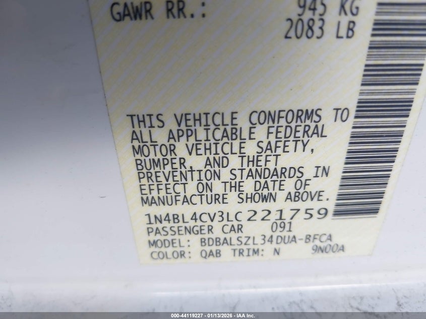 VIN 1N4BL4CV3LC221759 2020 NISSAN ALTIMA SR FWD