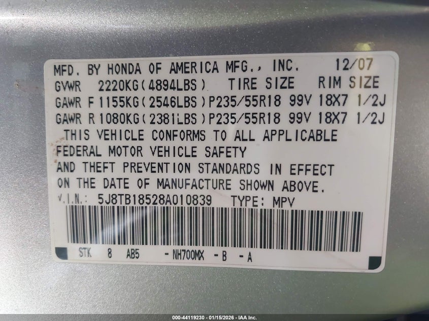 2008 Acura Rdx VIN: 5J8TB18528A010839 Lot: 44119230