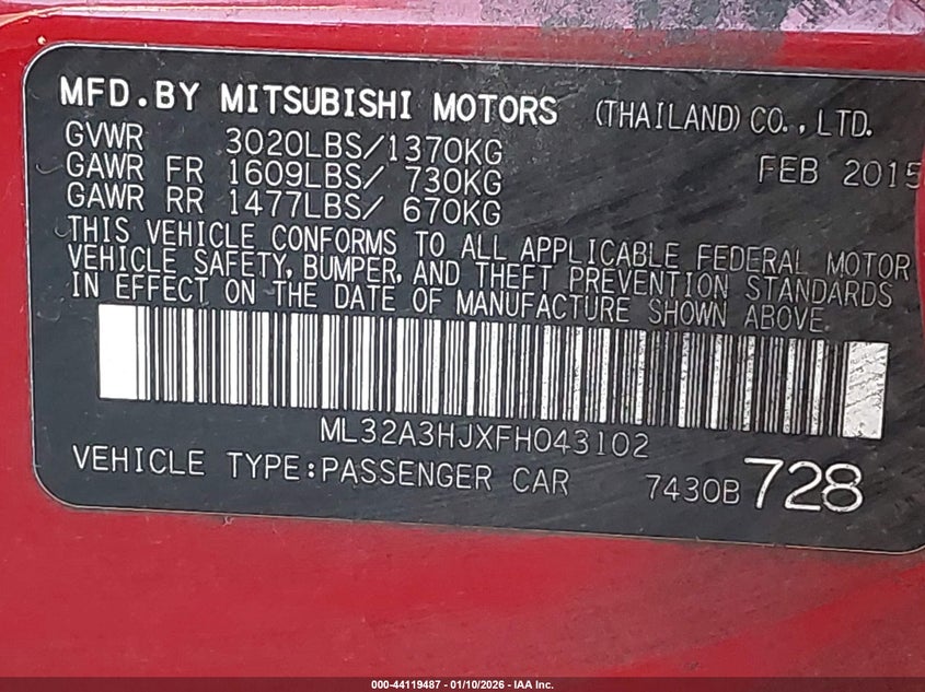 2015 Mitsubishi Mirage De VIN: ML32A3HJXFH043102 Lot: 44119487