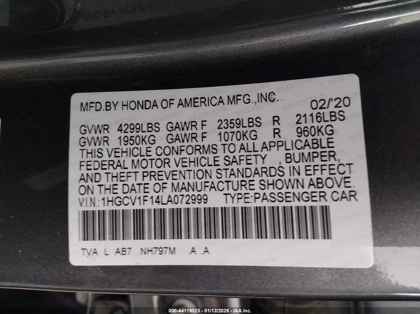 VIN 1HGCV1F14LA072999 2020 HONDA ACCORD LX