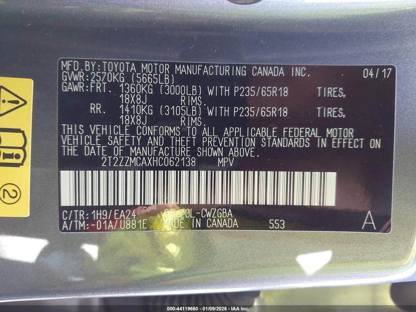 VIN 2T2ZZMCAXHC062138 2017 LEXUS RX 350