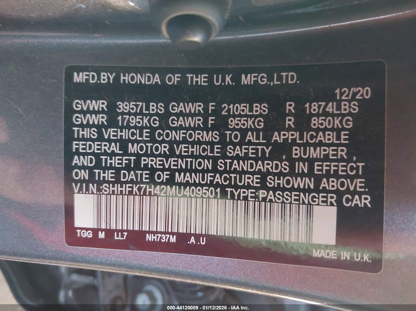 VIN SHHFK7H42MU409501 2021 HONDA CIVIC SPORT