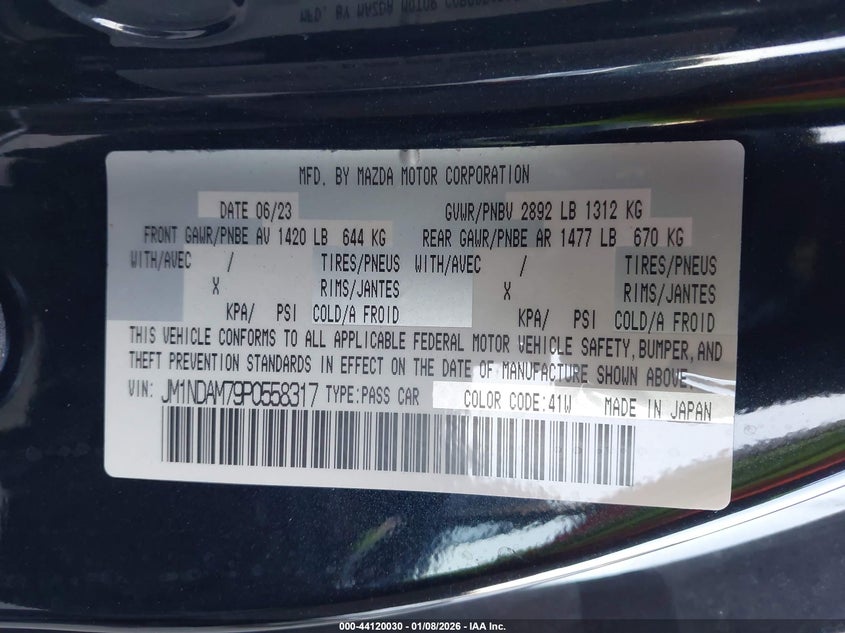 2023 Mazda Mx-5 Miata Rf Grand Touring VIN: JM1NDAM79P0558317 Lot: 44120030