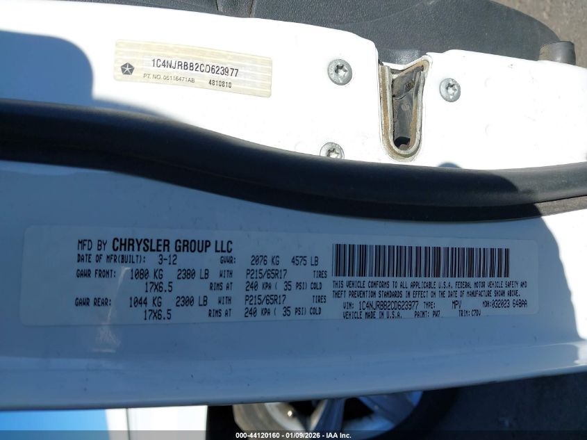 2012 Jeep Patriot Sport VIN: 1C4NJRBB2CD623977 Lot: 44120160