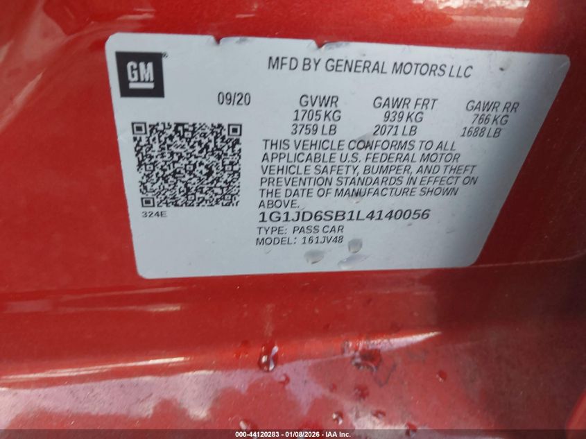 2020 Chevrolet Sonic Fwd Lt 5-Door VIN: 1G1JD6SB1L4140056 Lot: 44120283