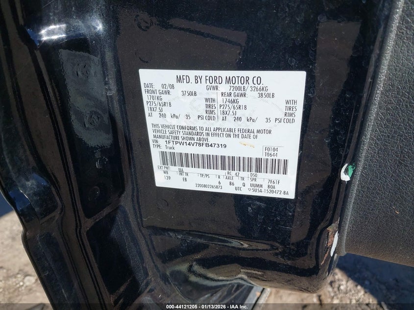 2008 Ford F-150 60Th Anniversary/Fx4/King Ranch/Lariat/Xlt VIN: 1FTPW14V78FB47319 Lot: 44121205