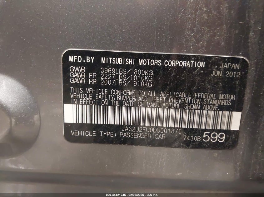 2013 Mitsubishi Lancer Es VIN: JA32U2FU0DU001875 Lot: 44121245