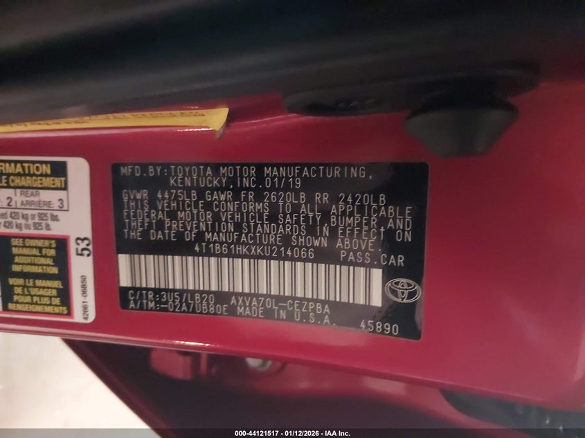 2019 Toyota Camry Xse VIN: 4T1B61HKXKU214066 Lot: 44121517