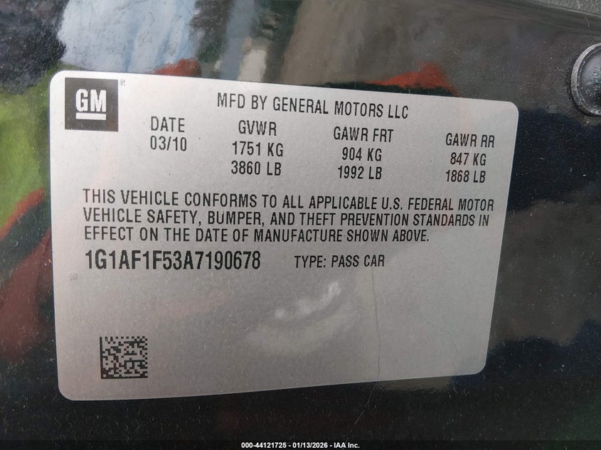 2010 Chevrolet Cobalt Lt VIN: 1G1AF1F53A7190678 Lot: 44121725
