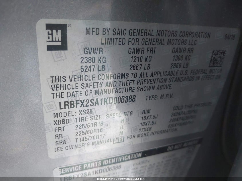 2019 Buick Envision Awd Essence VIN: LRBFX2SA1KD006388 Lot: 44121819