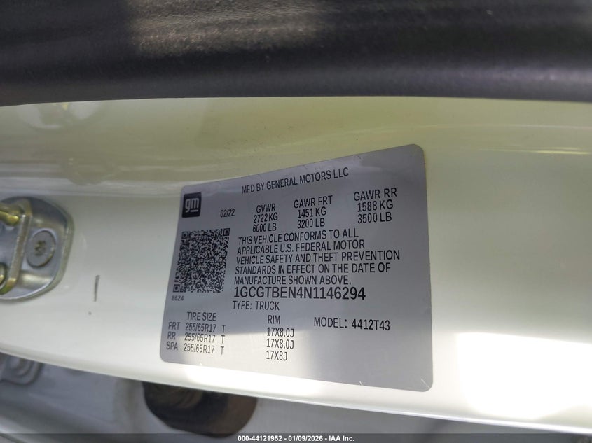 VIN 1GCGTBEN4N1146294 2022 CHEVROLET COLORADO 4WD  LONG BOX WT