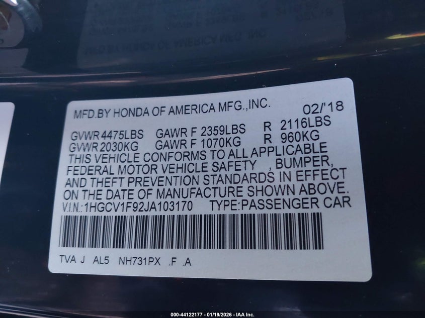 VIN 1HGCV1F92JA103170 2018 HONDA ACCORD TOURING
