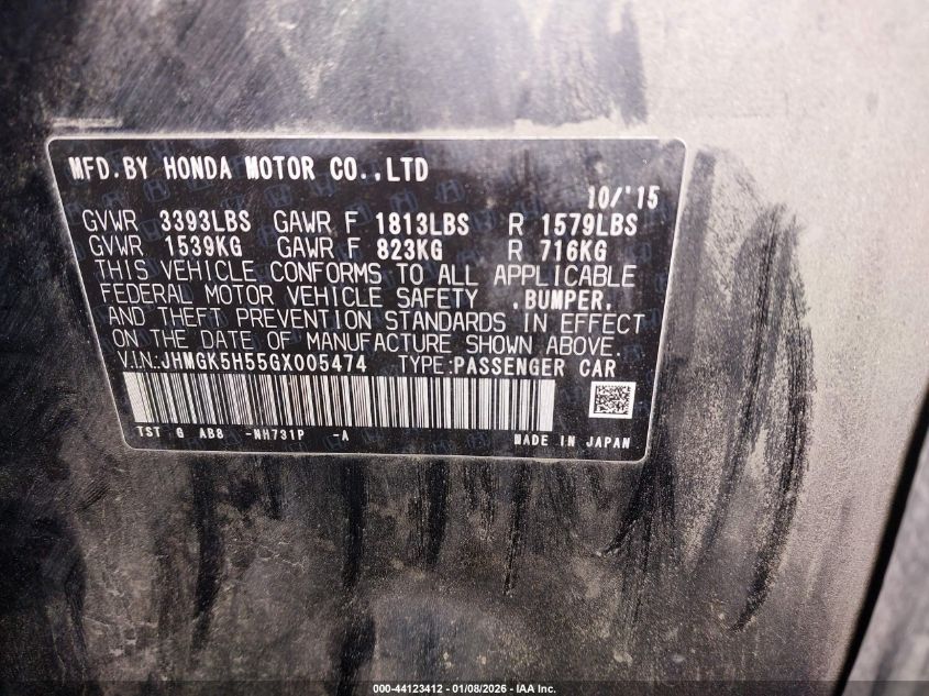 2016 Honda Fit Lx VIN: JHMGK5H55GX005474 Lot: 44123412