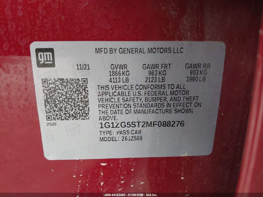 2021 Chevrolet Malibu Fwd Rs VIN: 1G1ZG5ST2MF088276 Lot: 44123450