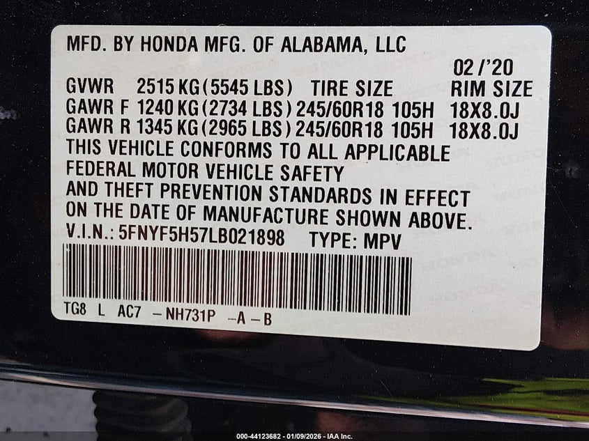 2020 Honda Pilot 2Wd Ex-L VIN: 5FNYF5H57LB021898 Lot: 44123682